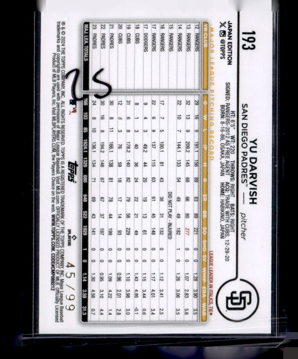 2024 Topps Japan Edition #193 Yu Darvish Cherry Blossoms #/99