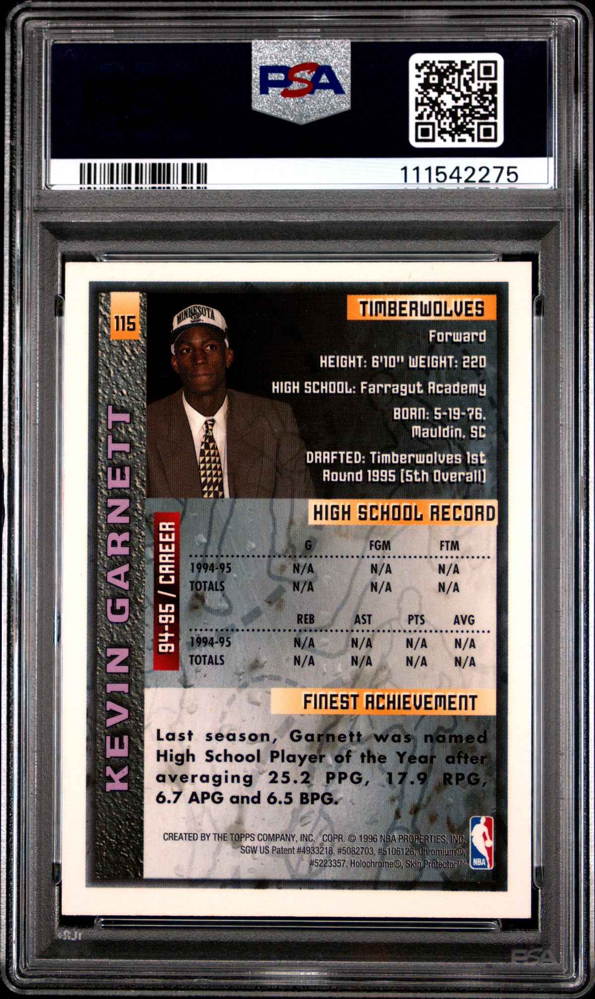 1995 FINEST KEVIN GARNETT #115 W/COATING PSA 7