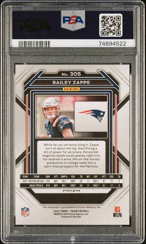 2022 Panini Prizm Bailey Zappe #305 PSA 9