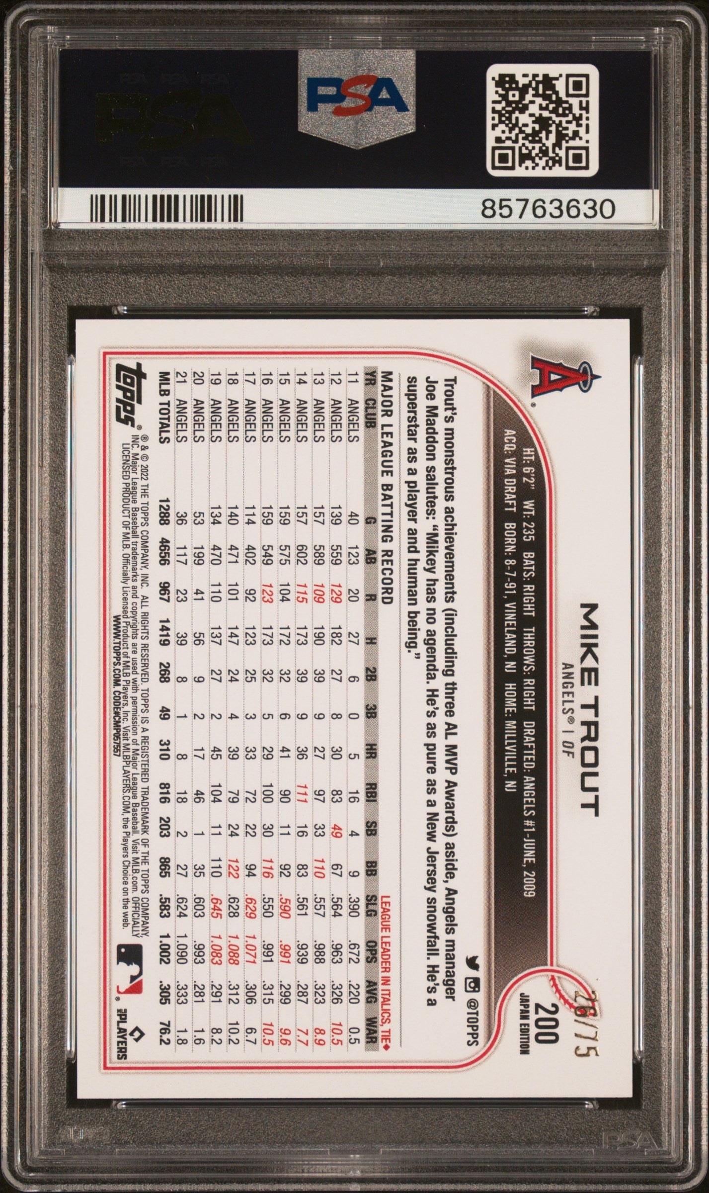 2022 Topps Japan Edition Mike Trout #200 PSA 9