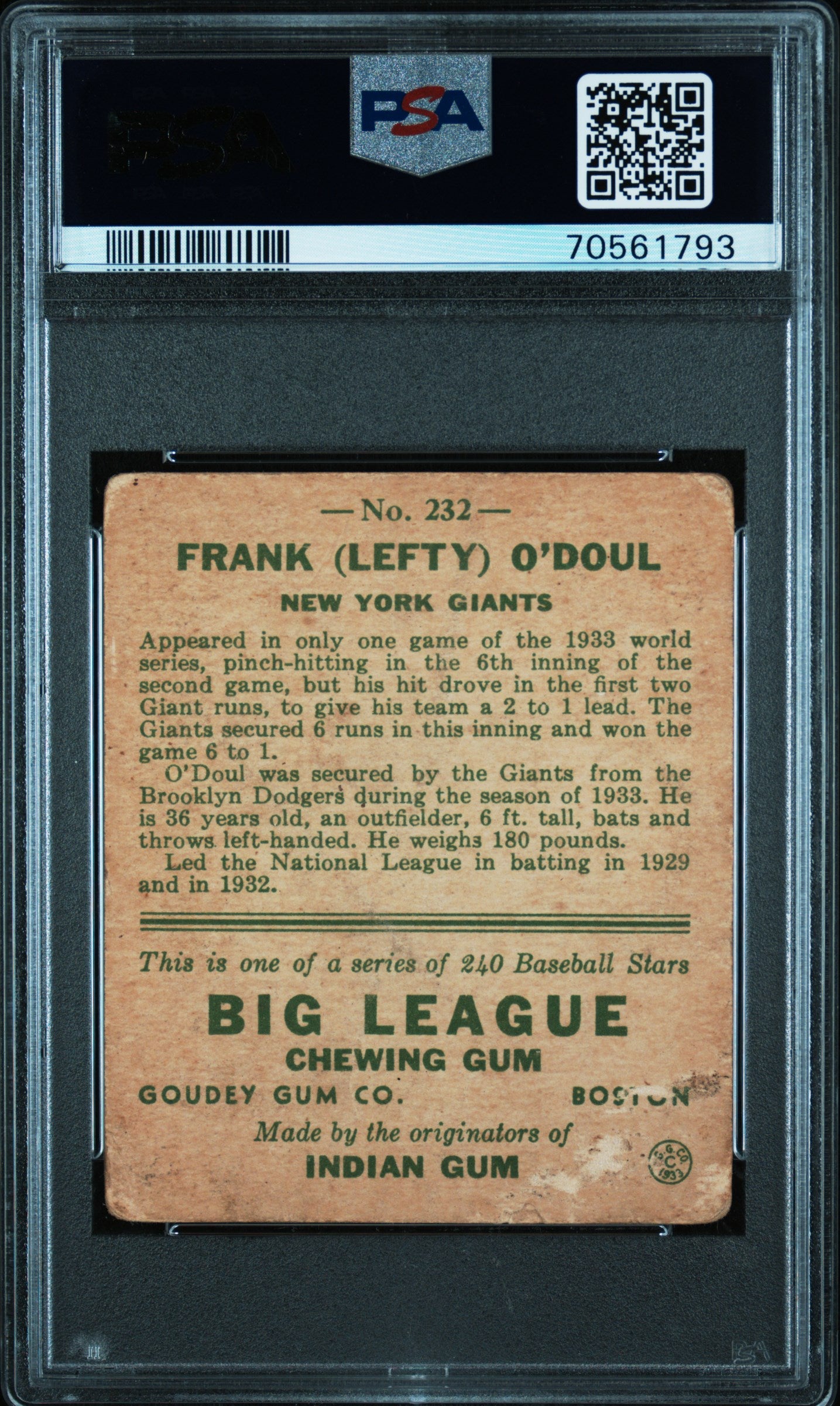 1933 Goudey Lefty O'Doul #232 PSA 1