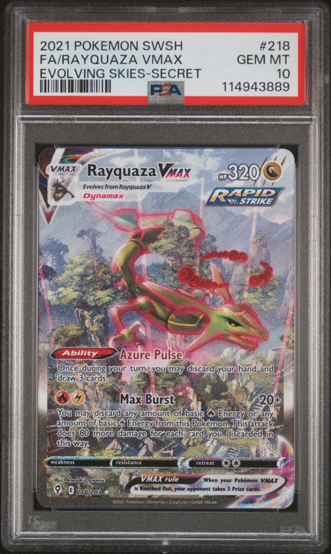 2021 Pokemon SWSH Evolving Skies #218 Rayquaza Vmax Alternate Art PSA 10