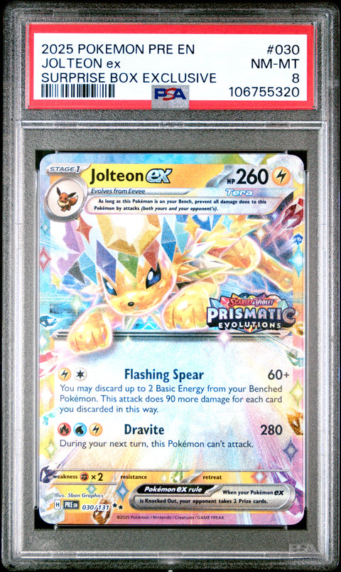 2025 Pokemon Surprise Box Stamped Prismatic Evolutions #030 Jolteon Ex PSA 8