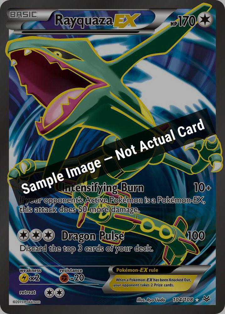 Pokemon,XY - Roaring Skies,Rayquaza EX (104 Full Art) - 104/108,Holofoil,Heavily Played — Sample Image, Not Actual Card