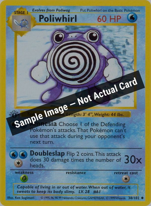 Pokemon,Base Set (Shadowless),Poliwhirl - 038/102,1st Edition,Moderately Played — Sample Image, Not Actual Card