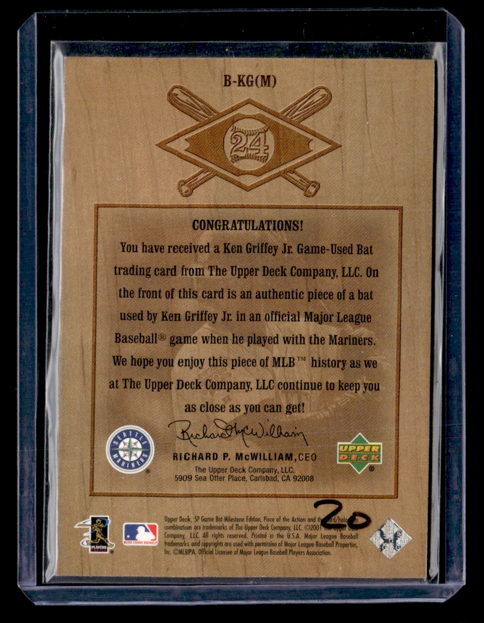 2001 SP Game Bat #B-KG(M) Ken Griffey Jr. Piece of Action Bound For The Hall