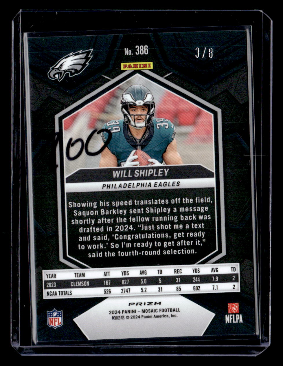 2024 Panini Mosaic #386 Will Shipley Gold / Black Mosaic /8