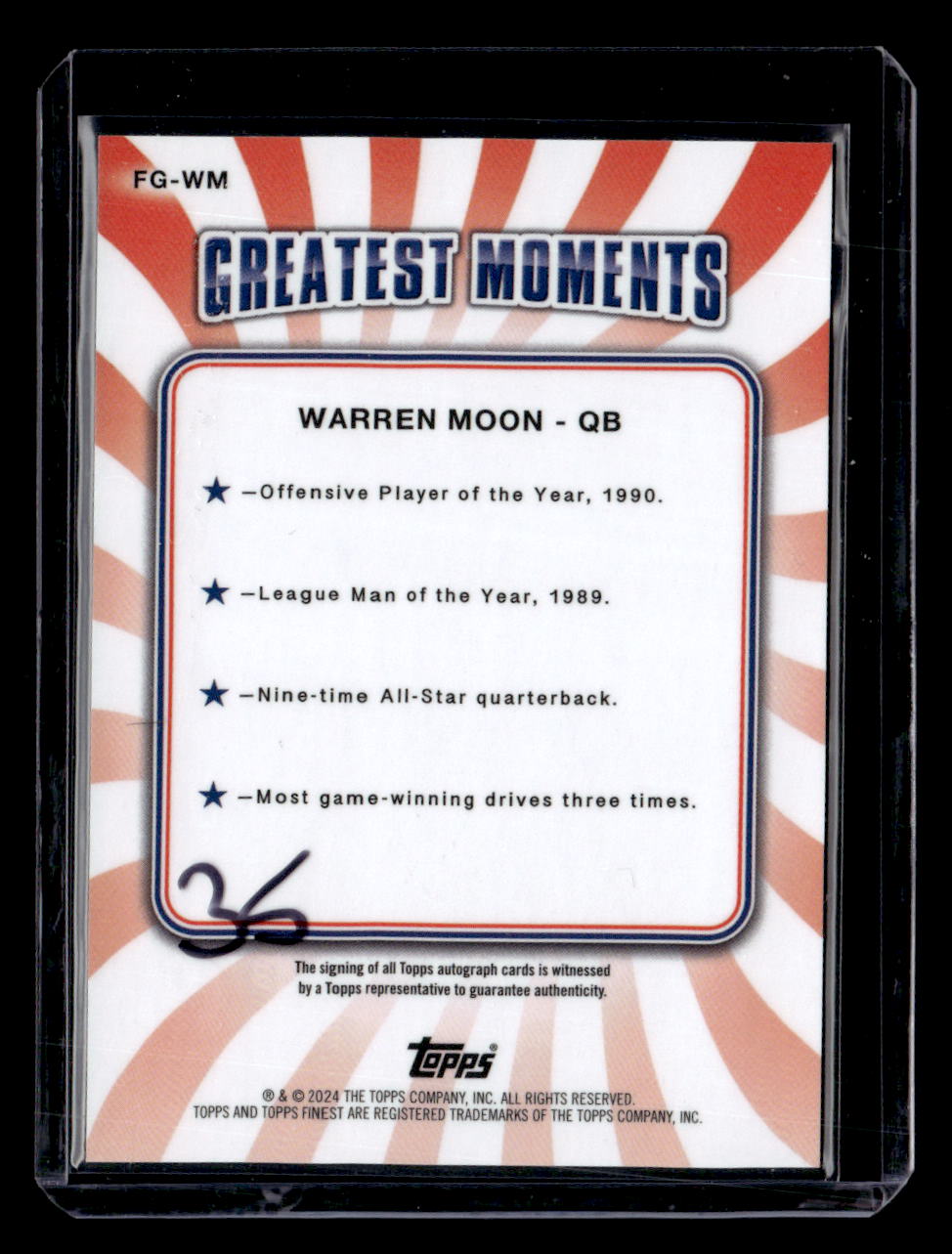 2024 Finest #FG-WM Warren Moon Finest Greats Autographs Gold Refractor #/50