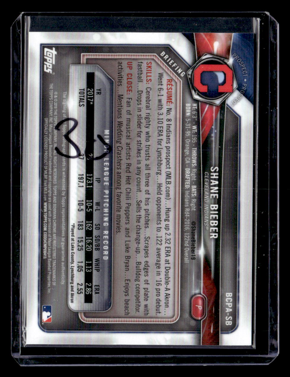 2018 Bowman Chrome #BCPA-SB Shane Bieber Auto Green Atomic Refractor #/99