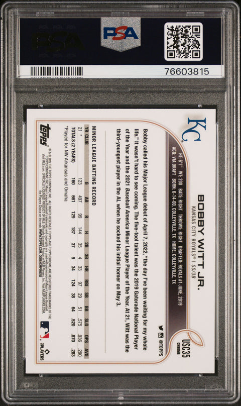 2022 Topps Chrome Update #USC35 Bobby Witt Jr. Purple Refractor PSA 9