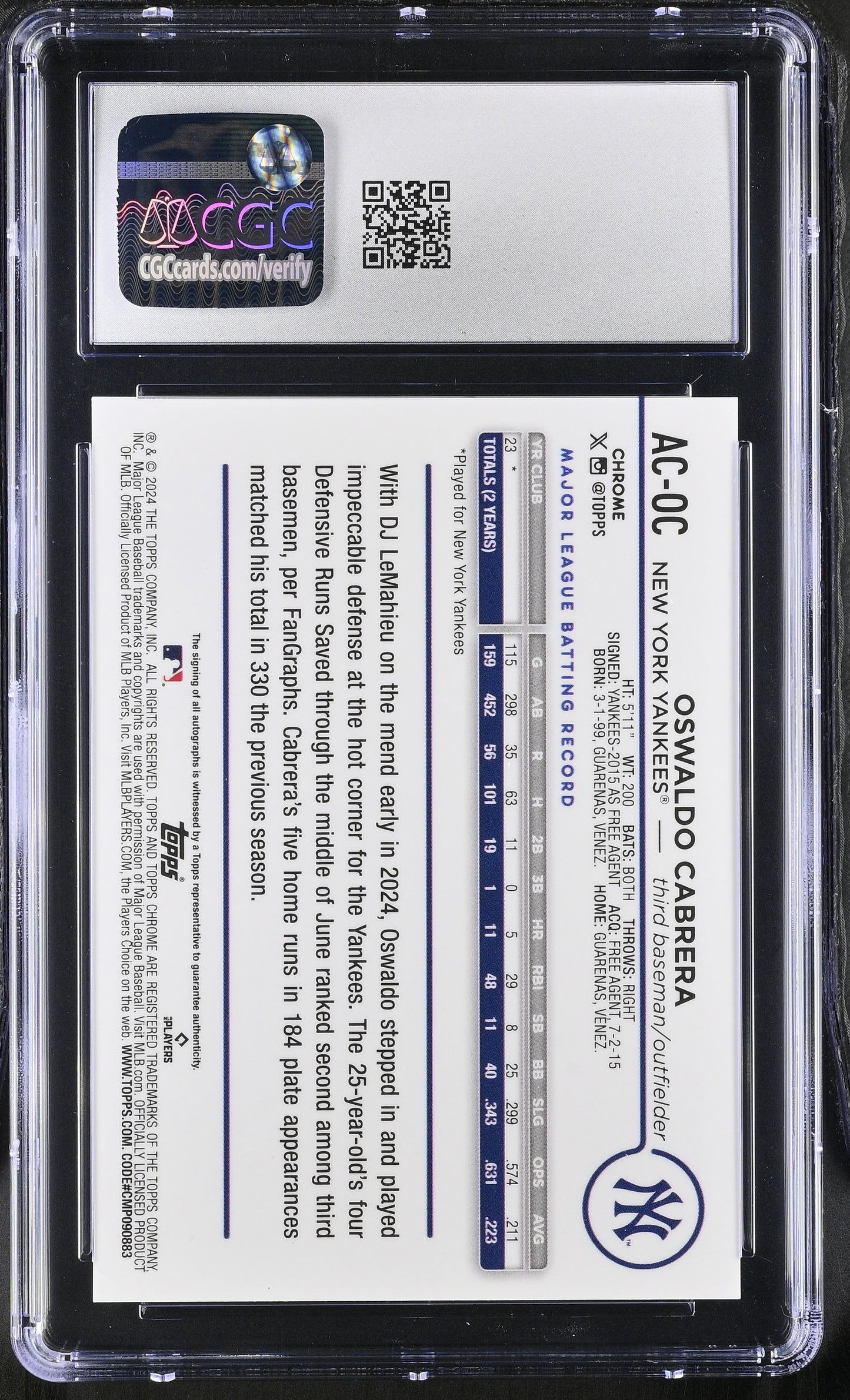 2024 Chrome Update #AC-OC Oswaldo Cabrera Autographs CGC 9