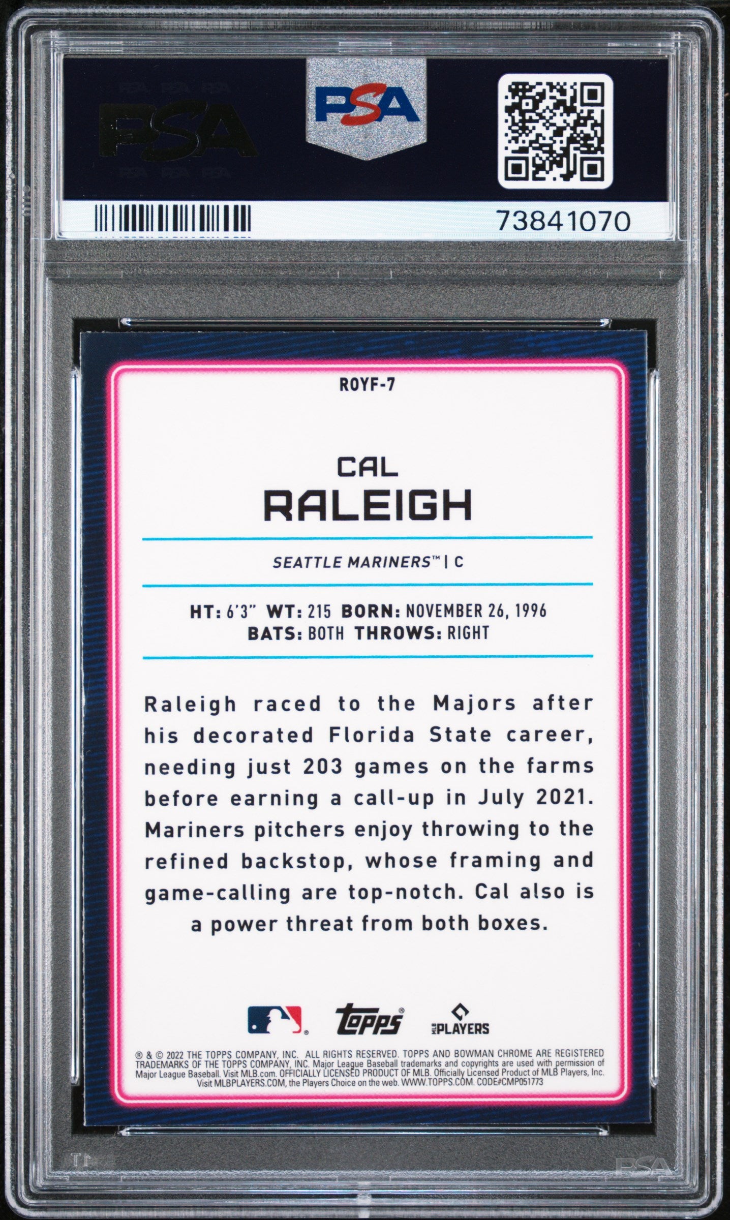 2022 Bowman Chrome #ROYF7 Cal Raleigh Chrome Roy Favorites PSA 9