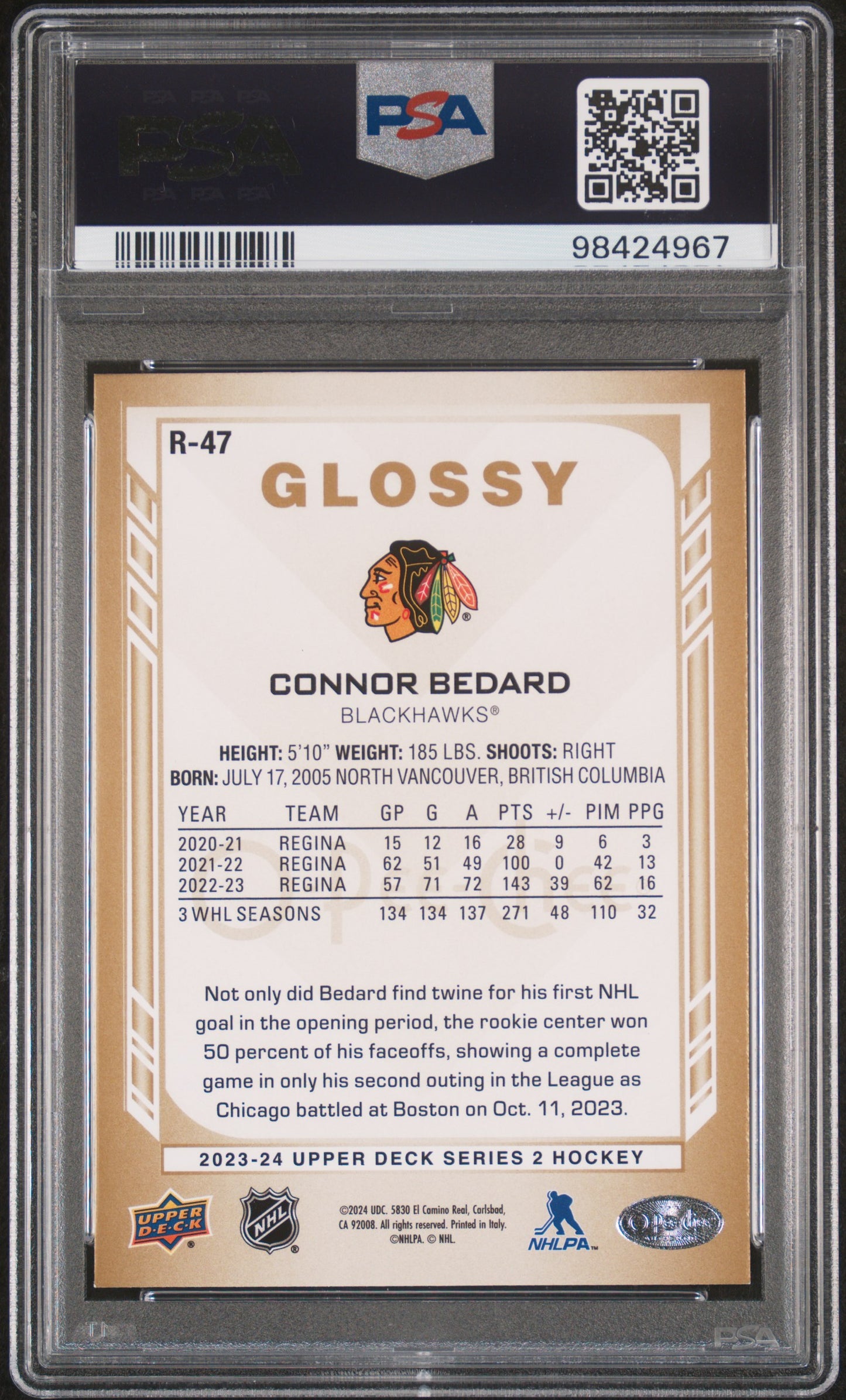 2023 Upper Deck O-Pee-Chee Glossy #R47 Connor Bedard Opc Glossy-Gold PSA 10