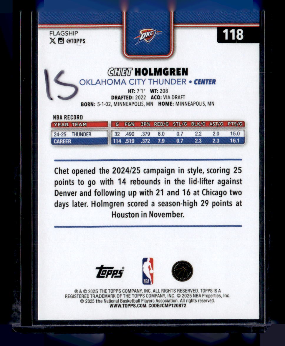 2025-26 Topps #118 Chet Holmgren Orange Holo Foil #/25