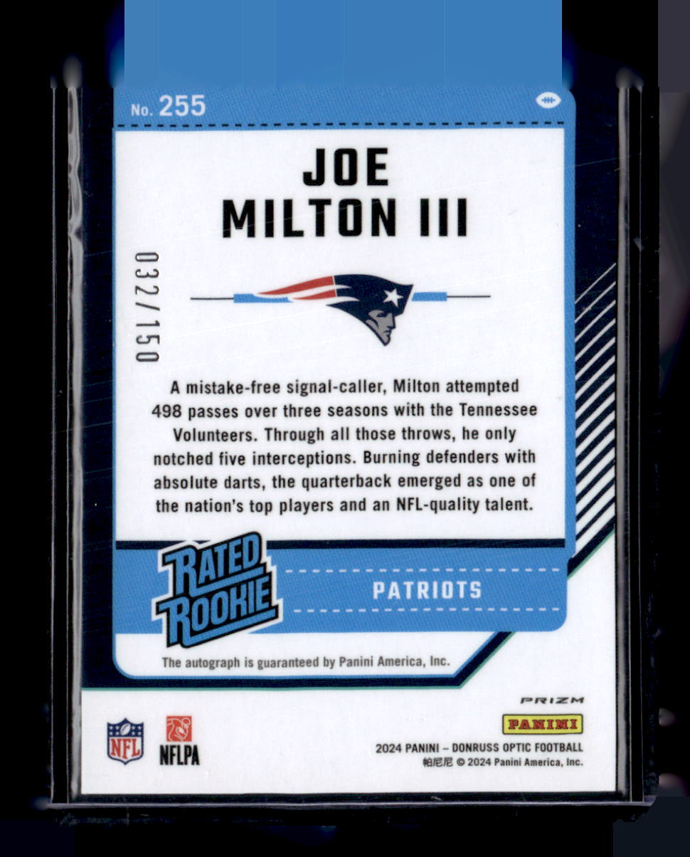 2024 Donruss Optic #255 Joe Milton III Rated Rookies RPS Autographs Holo #/150