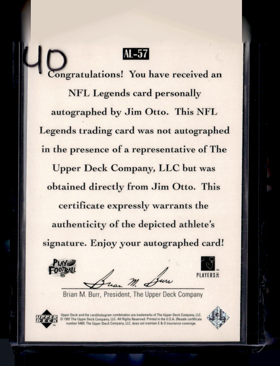 1997 Upper Deck Legends #AL-57 Jim Otto Autographs