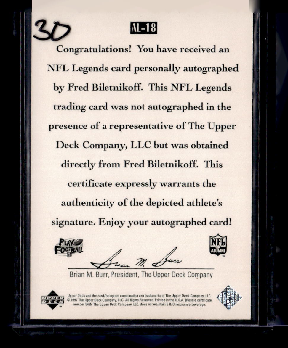 1997 Upper Deck Legends #AL-18 Fred Biletnikoff Autographs