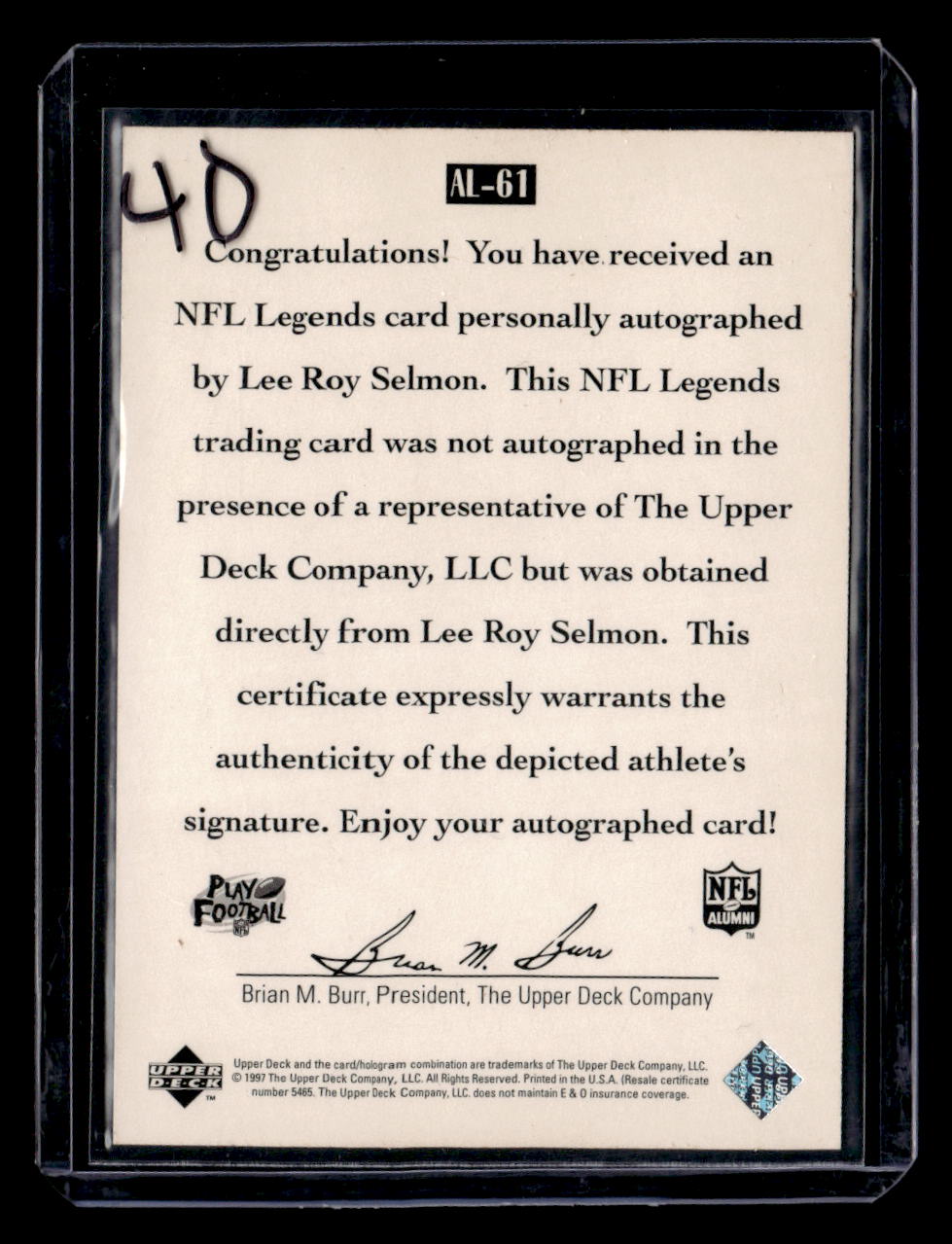 1997 Upper Deck Legends #AL-61 Lee Roy Selmon Autographs