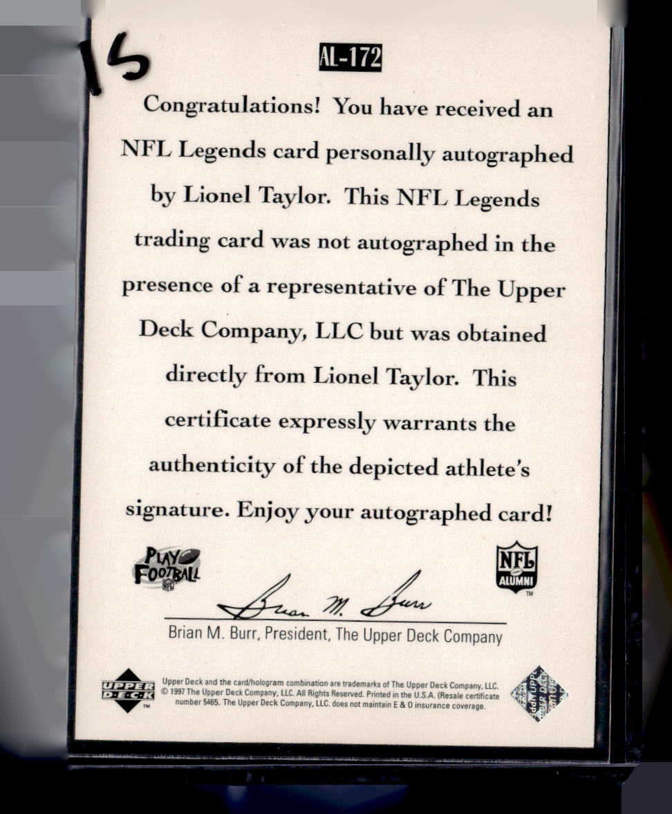 1997 Upper Deck Legends #AL--172 Lionel Taylor Autographs