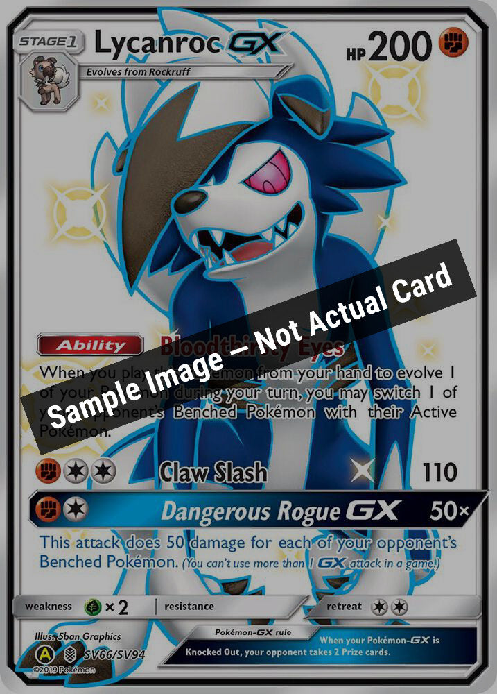 Pokemon,Hidden Fates: Shiny Vault,Lycanroc GX (SV66) - SV66/SV94,Holofoil,Near Mint — Sample Image, Not Actual Card
