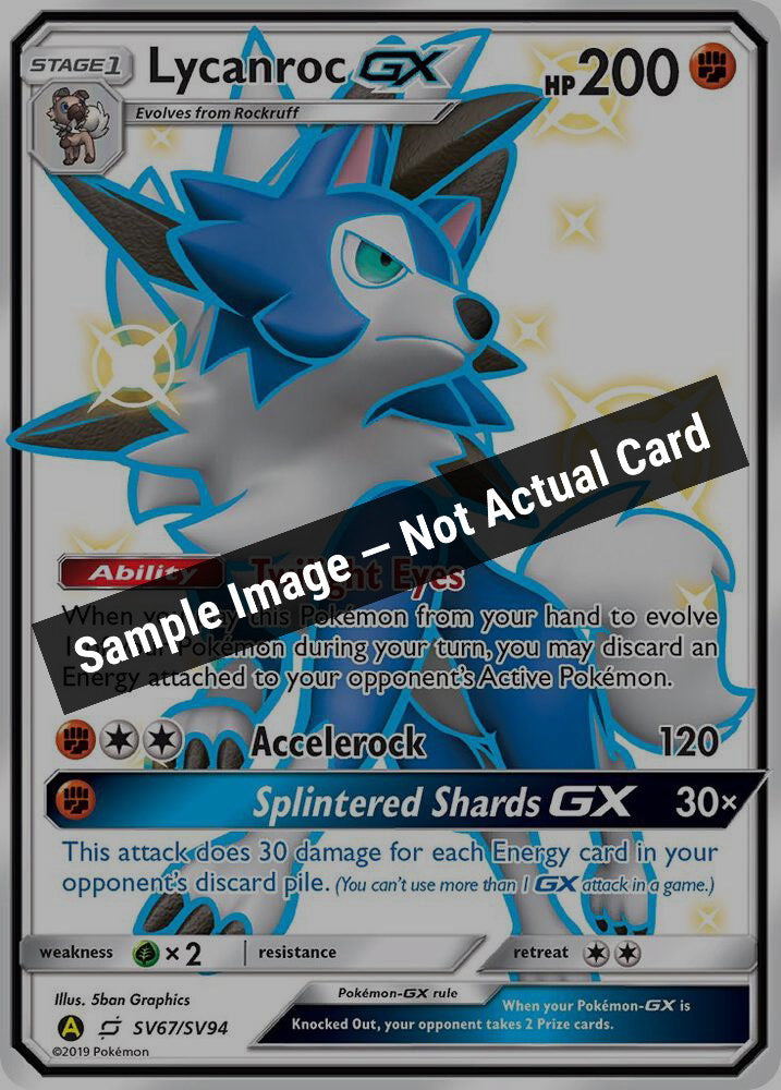 Pokemon,Hidden Fates: Shiny Vault,Lycanroc GX (SV67) - SV67/SV94,Holofoil,Near Mint — Sample Image, Not Actual Card