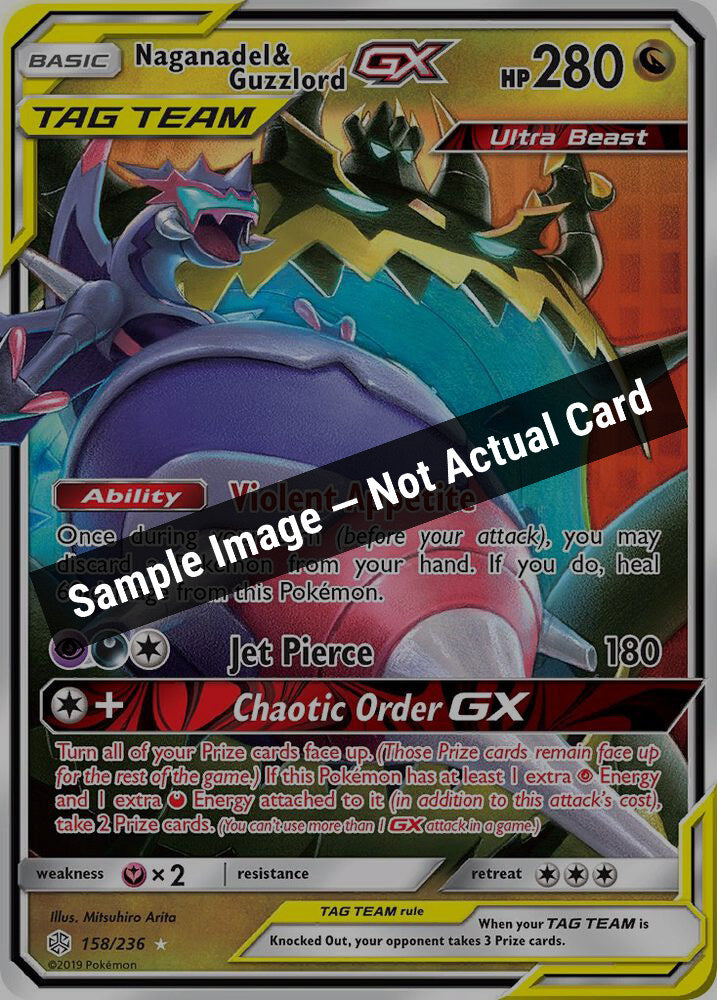 Pokemon,SM - Cosmic Eclipse,Naganadel & Guzzlord GX - 158/236,Holofoil,Near Mint — Sample Image, Not Actual Card