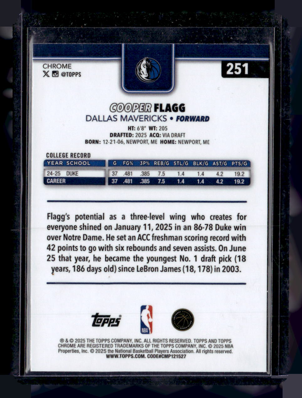 2025-26 Topps Chrome #251 Cooper Flagg Wave Refractor
