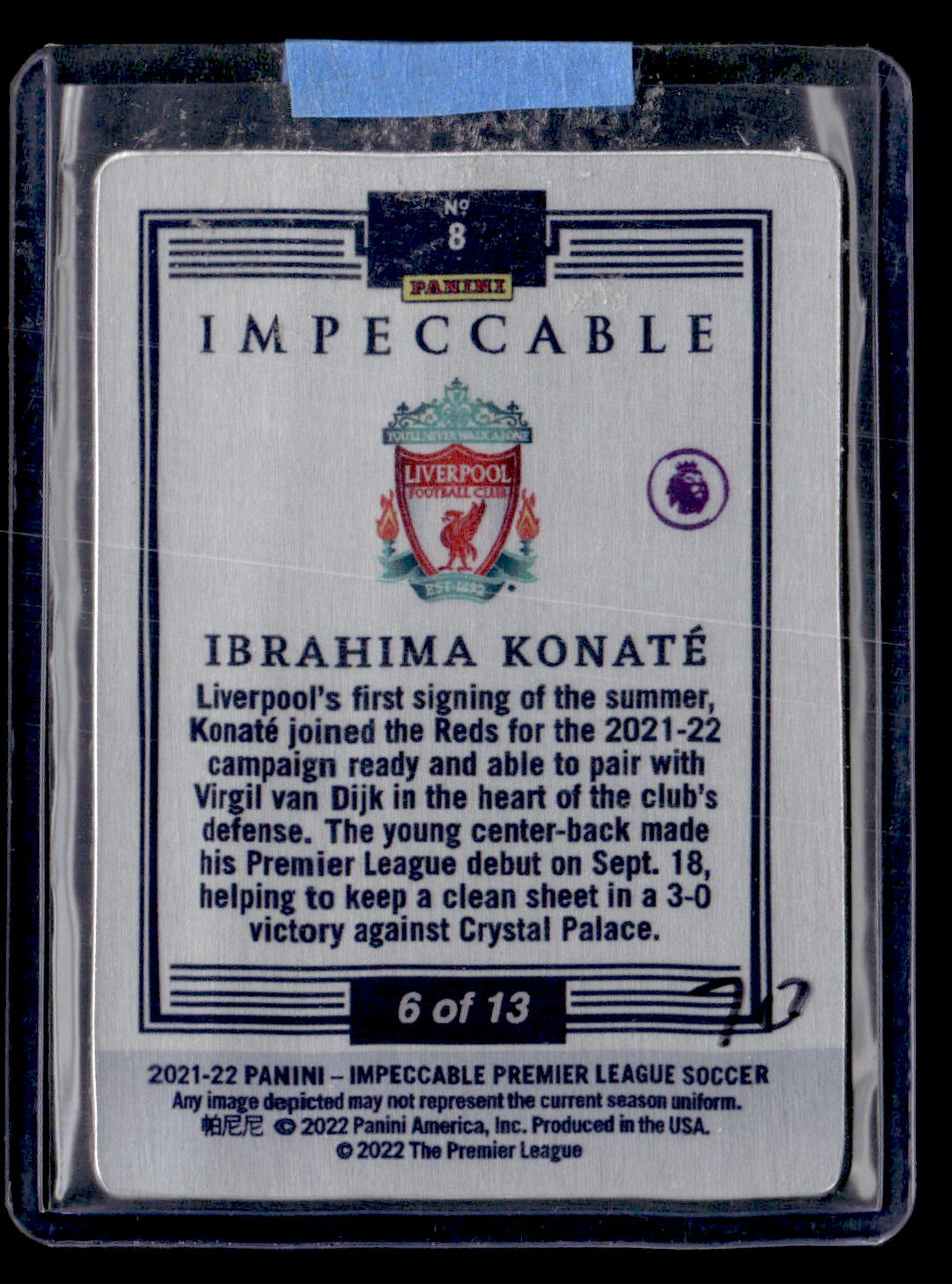 2021-22 Panini Impeccable #8 Ibrahima Konate Rookie Metal Ruby #/13