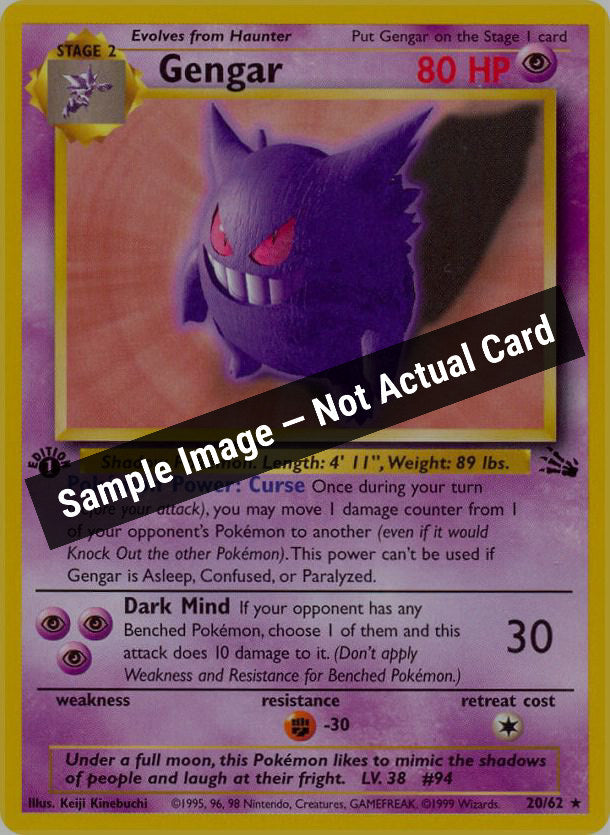 Pokemon,Fossil,Gengar (20) - 20/62,Unlimited,Moderately Played — Sample Image, Not Actual Card