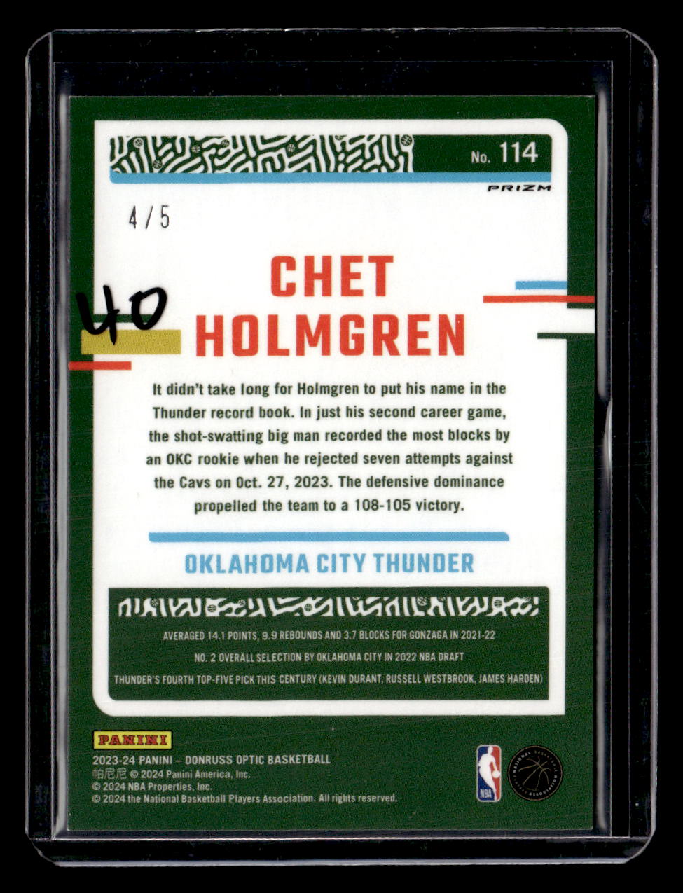 2023-24 Donruss Optic #114 Chet Holmgren Fast Break Neon Green #/5