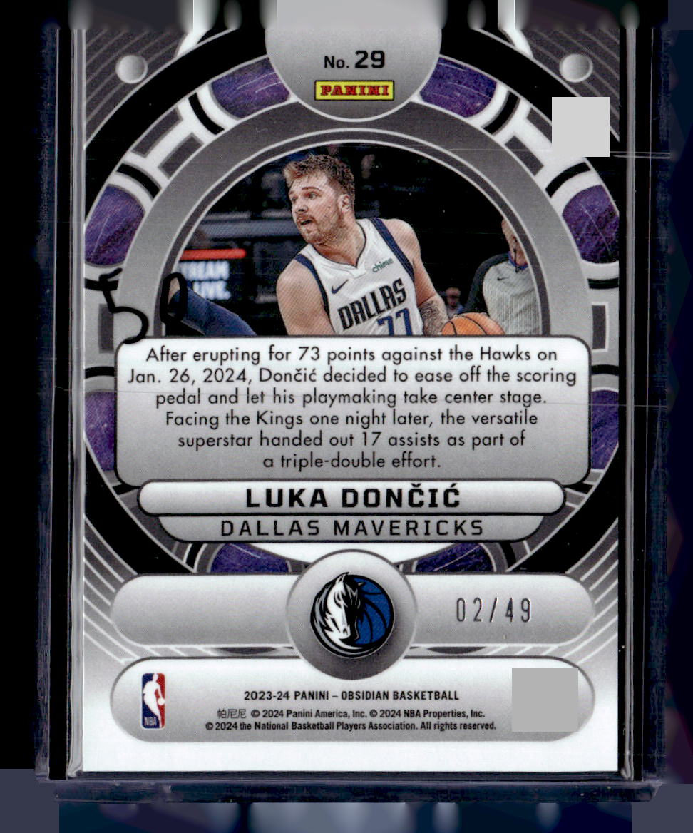 2023-24 Panini Obsidian #29 Luka Doncic Orbital Electric Etch Purple Flood #/49