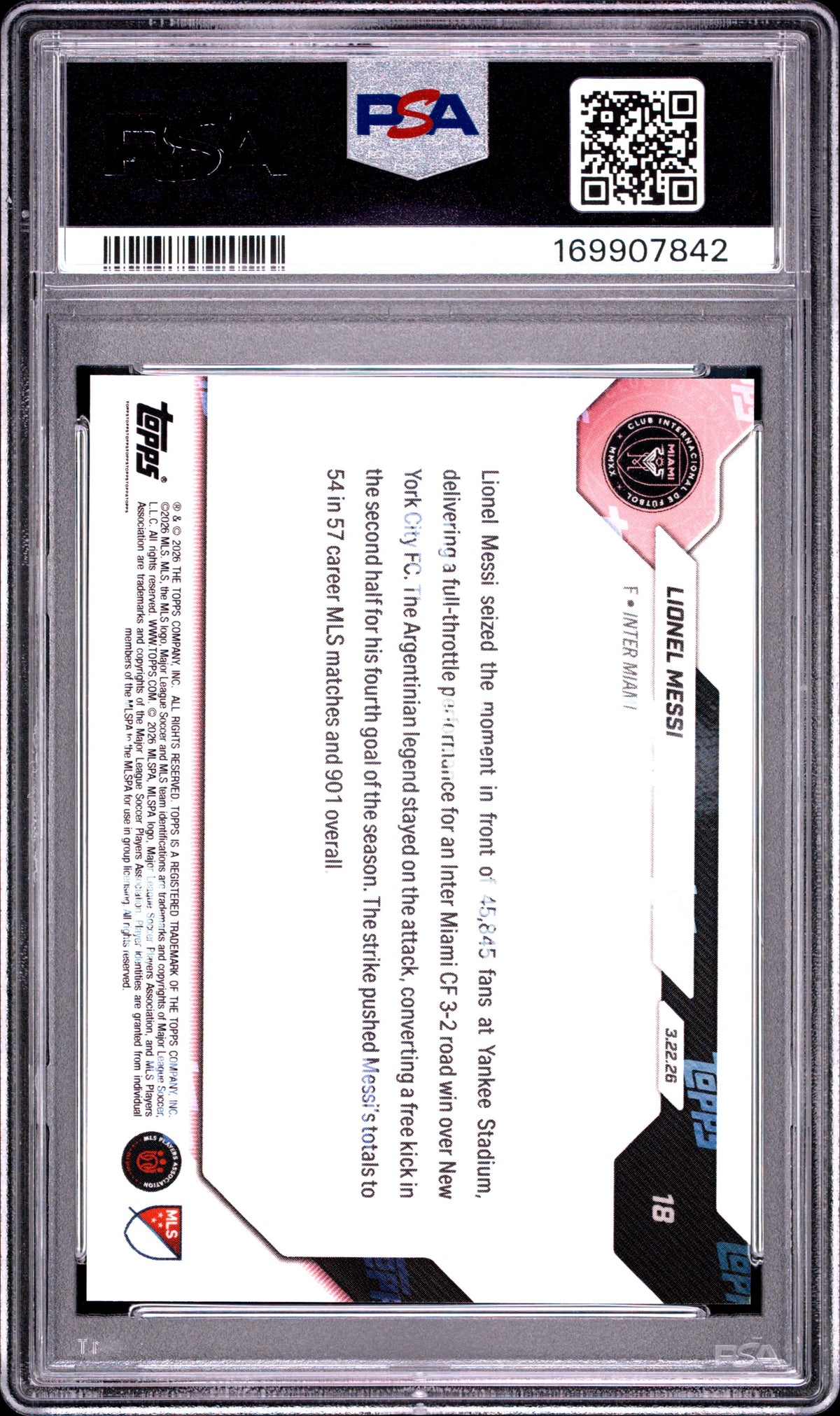 2026 TOPPS NOW MLS LIONEL MESSI #18 PSA 9