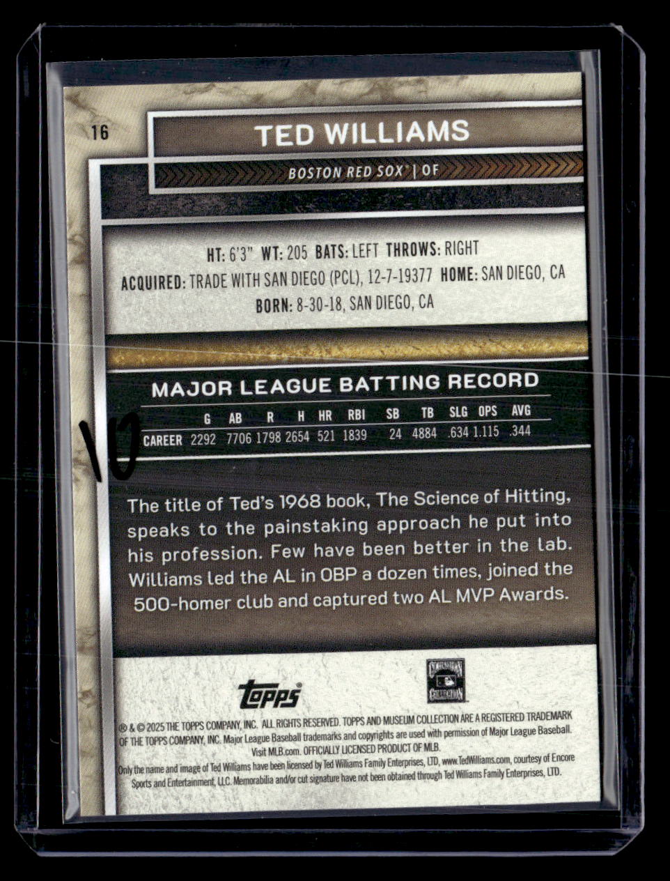 2025 Topps Museum Collection #16 Ted Williams Gold #/249