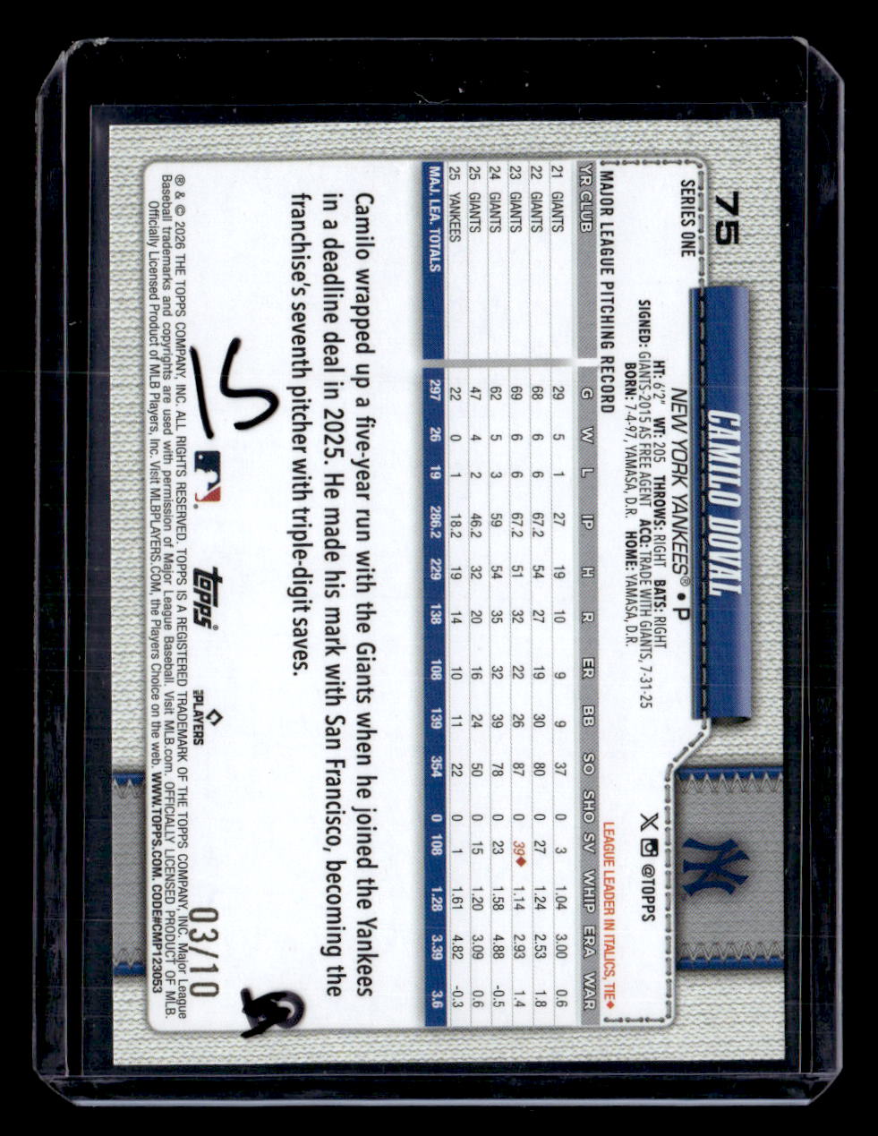 2026 Topps #75 Camilo Doval Black Rainbow Foil #/10