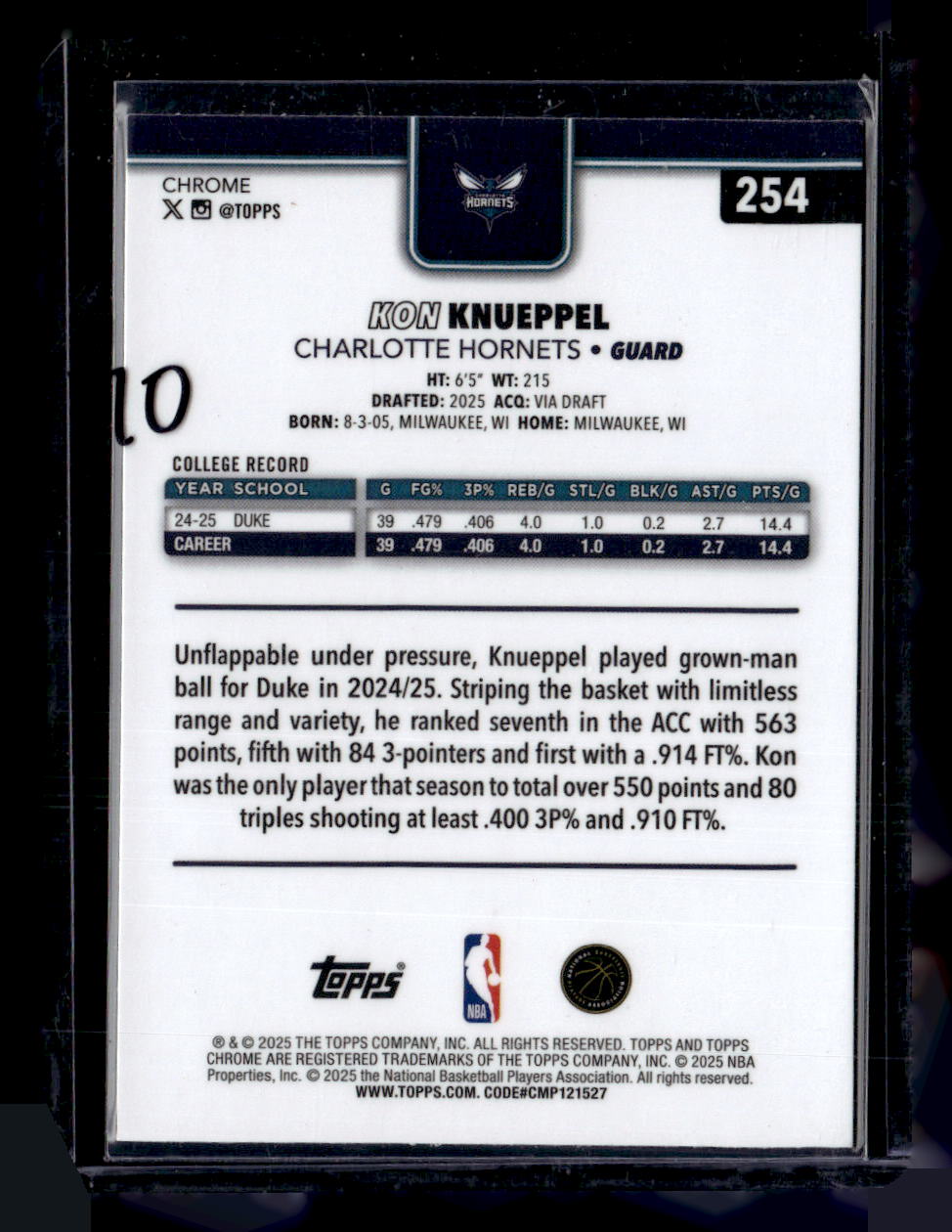 2025-26 Topps Chrome #254 Kon Knueppel RayWave Refractor