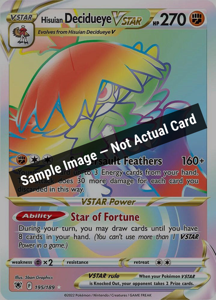 Pokemon,SWSH10: Astral Radiance,Hisuian Decidueye VSTAR (Secret) - 195/189,Holofoil,Near Mint — Sample Image, Not Actual Card