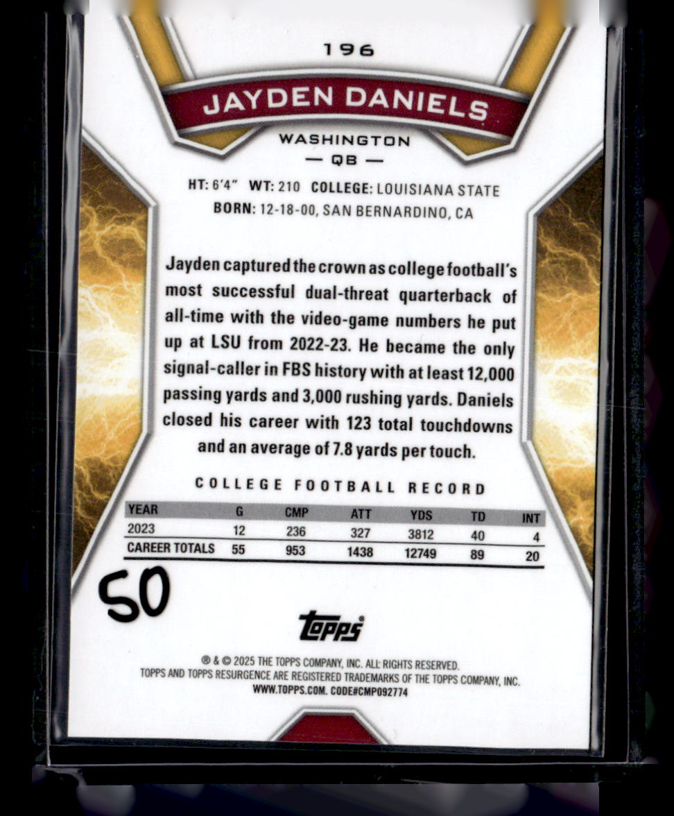 2024 Topps Resurgence #196 Jayden Daniels Pink Power Surge #/10