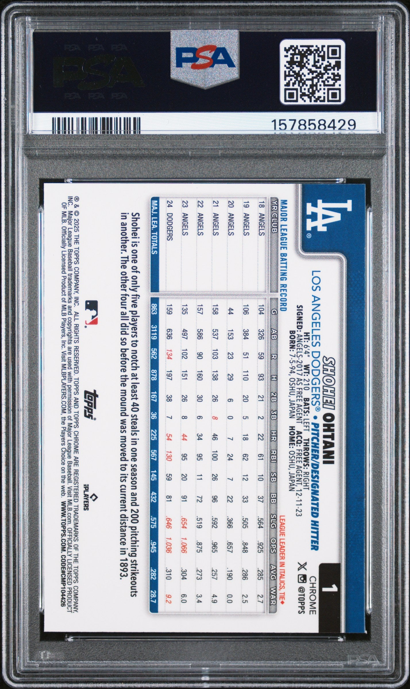 2025 Topps Chrome #1 Shohei Ohtani Topps Refractor PSA 10 157858429