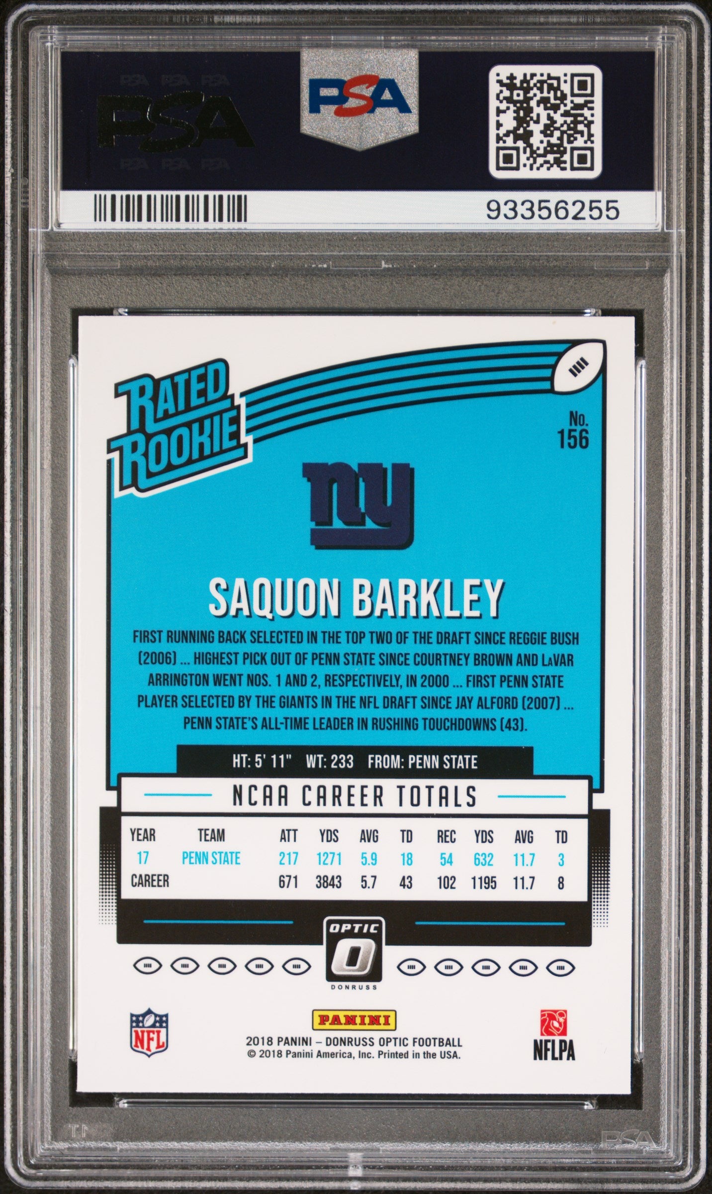 2018 Panini Donruss Optic #156 Saquon Barkley PSA 9 93356255