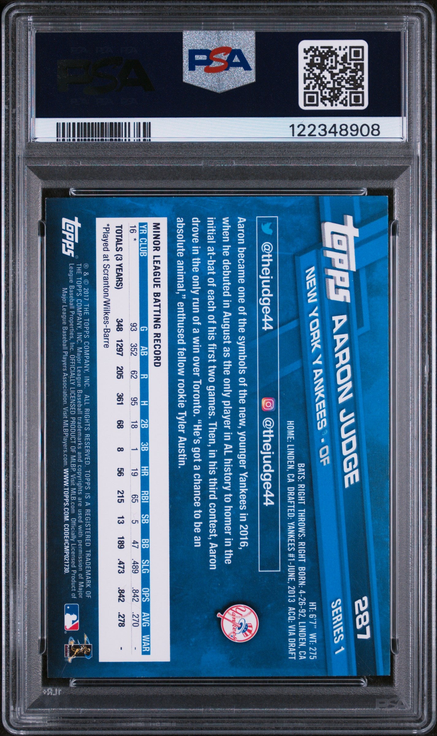 2017 Topps #287 Aaron Judge PSA 9 122348908
