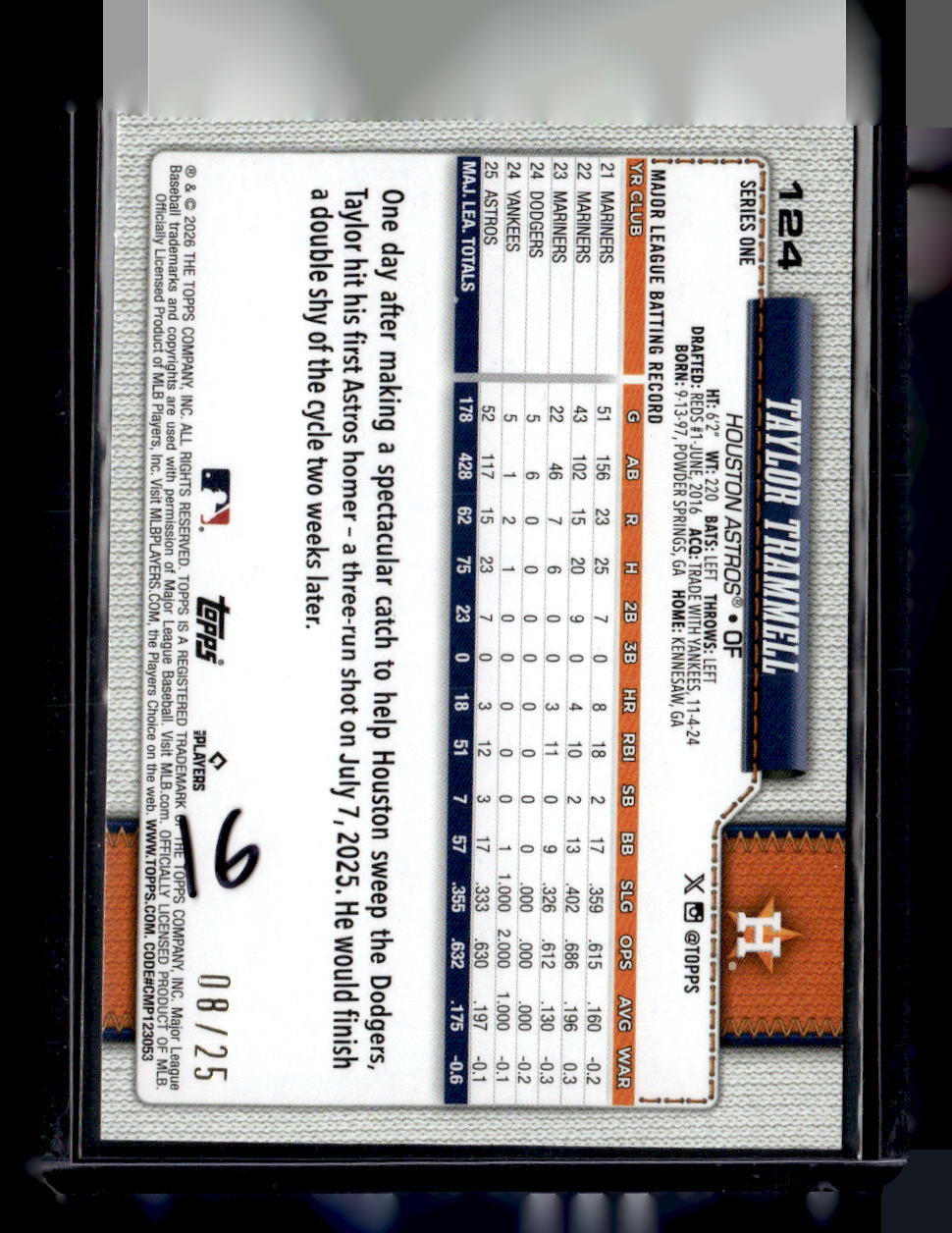 2026 Topps #124 Taylor Trammell Orange Sandglitter #/25