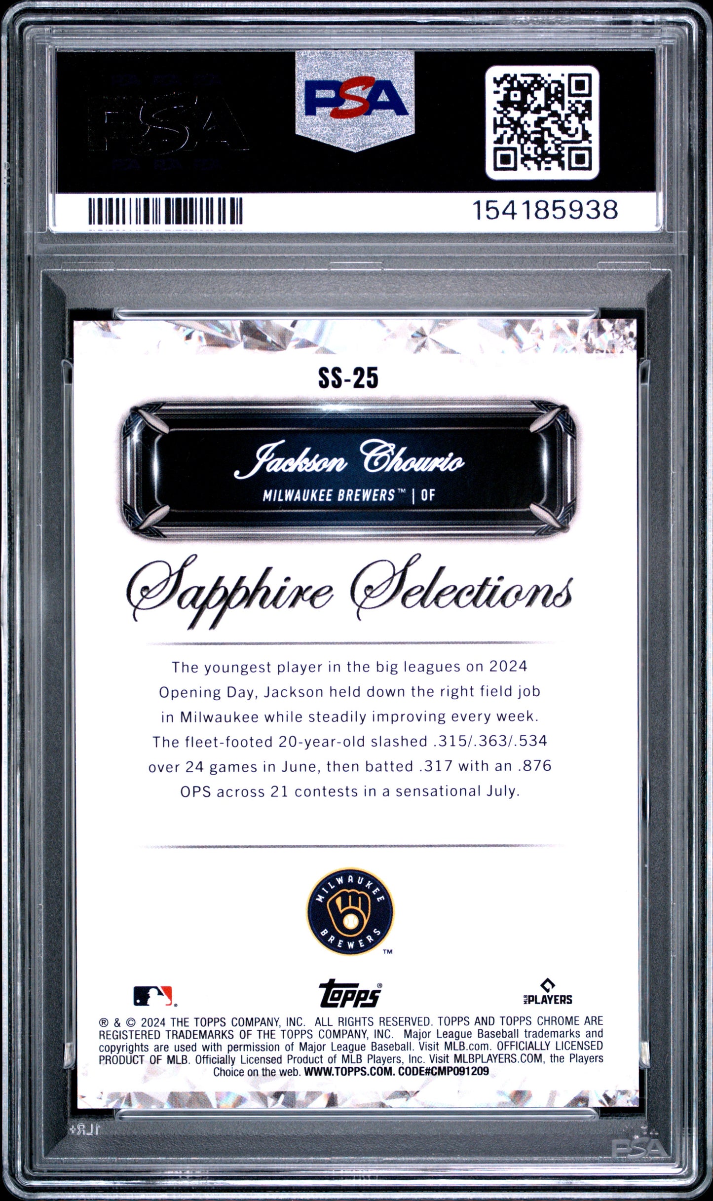 2024 Topps Chrome Sapphire #SS25 Jackson Chourio Sapphire Selections-Red PSA 10