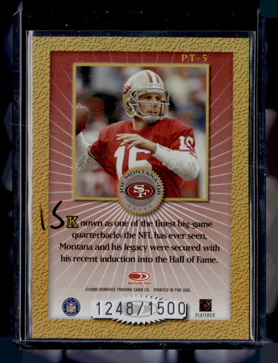 2000 Donruss Elite #PT-5 Joe Montana Passing the Torch #/1500 — back