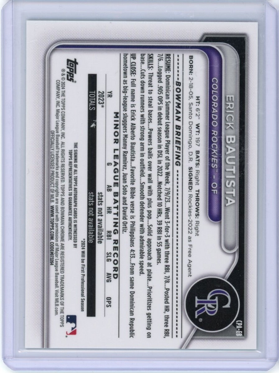 2024 Bowman #CPA-EB Erick Bautista Chrome Prospect Auto /99 — back