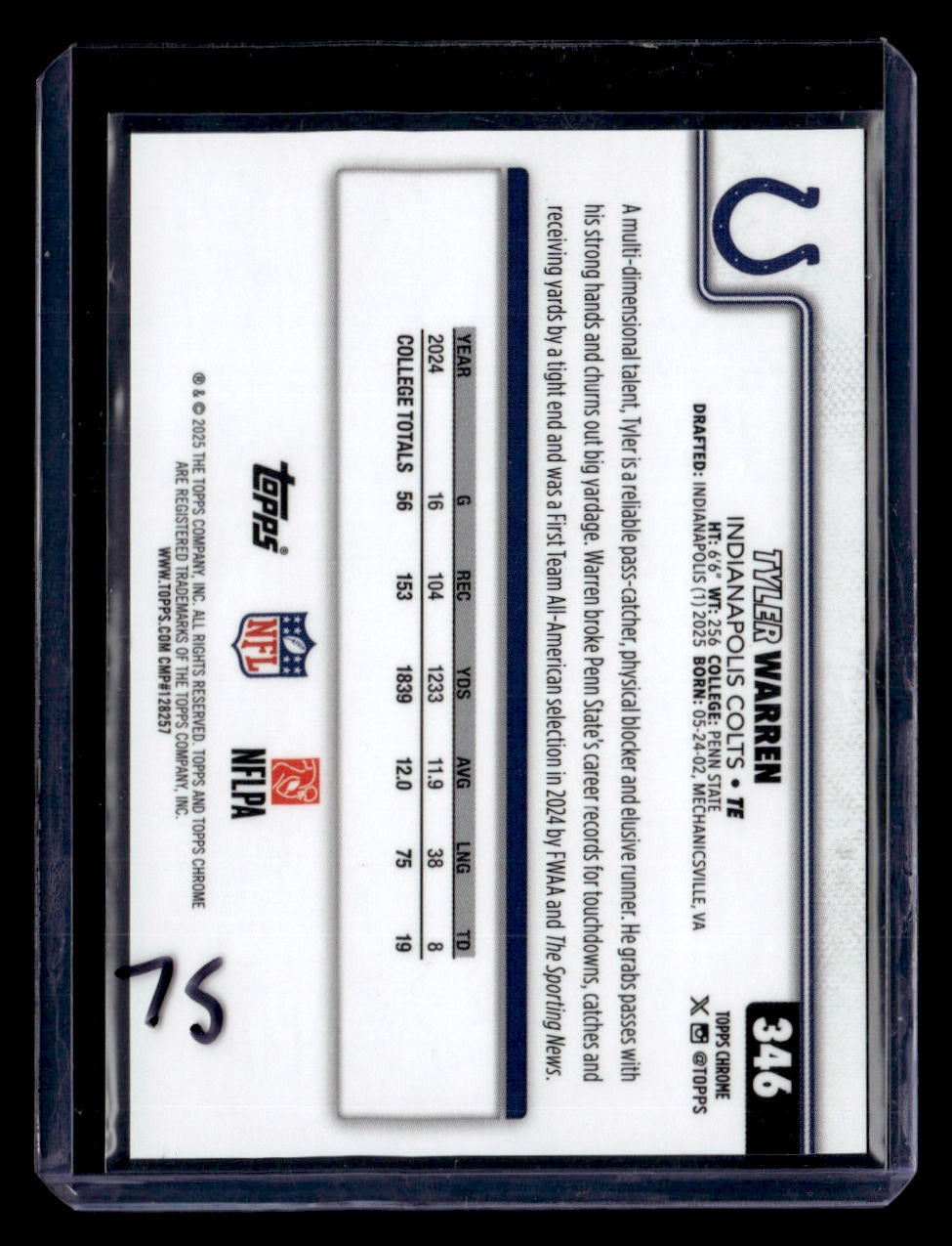 2025 Topps Chrome #346 Tyler Warren Gold Refractor #/50 — back