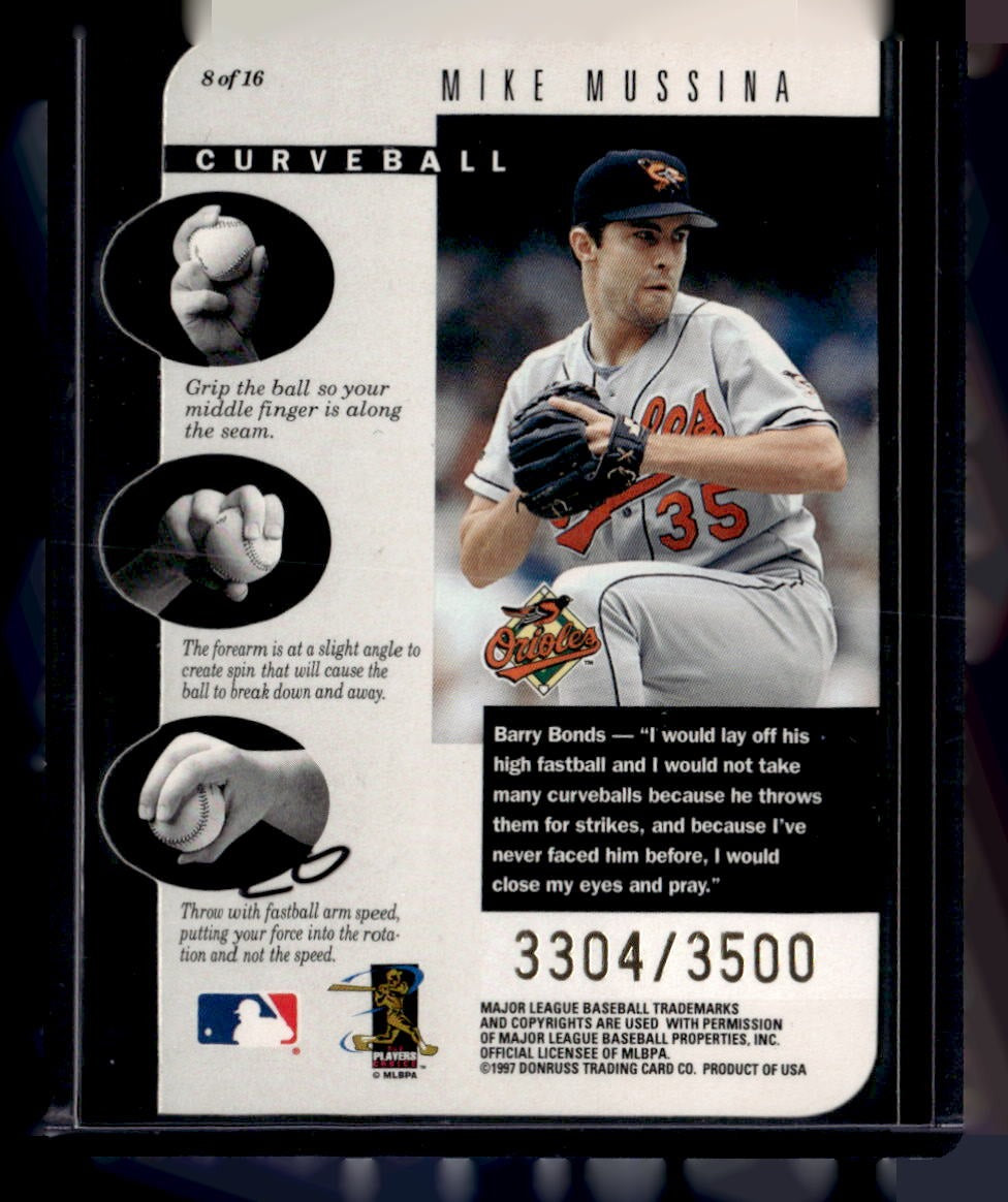1997 Leaf #8 Barry Bonds / Mike Mussina Get-A-Grip #/3500 — back