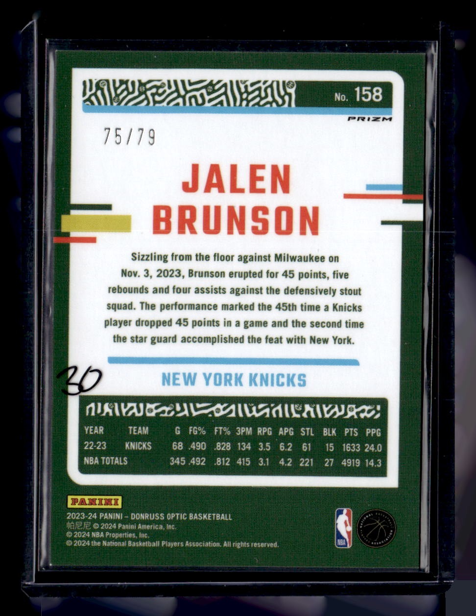 2023-24 Donruss Optic #158 Jalen Brunson Pink Velocity #/79 — back