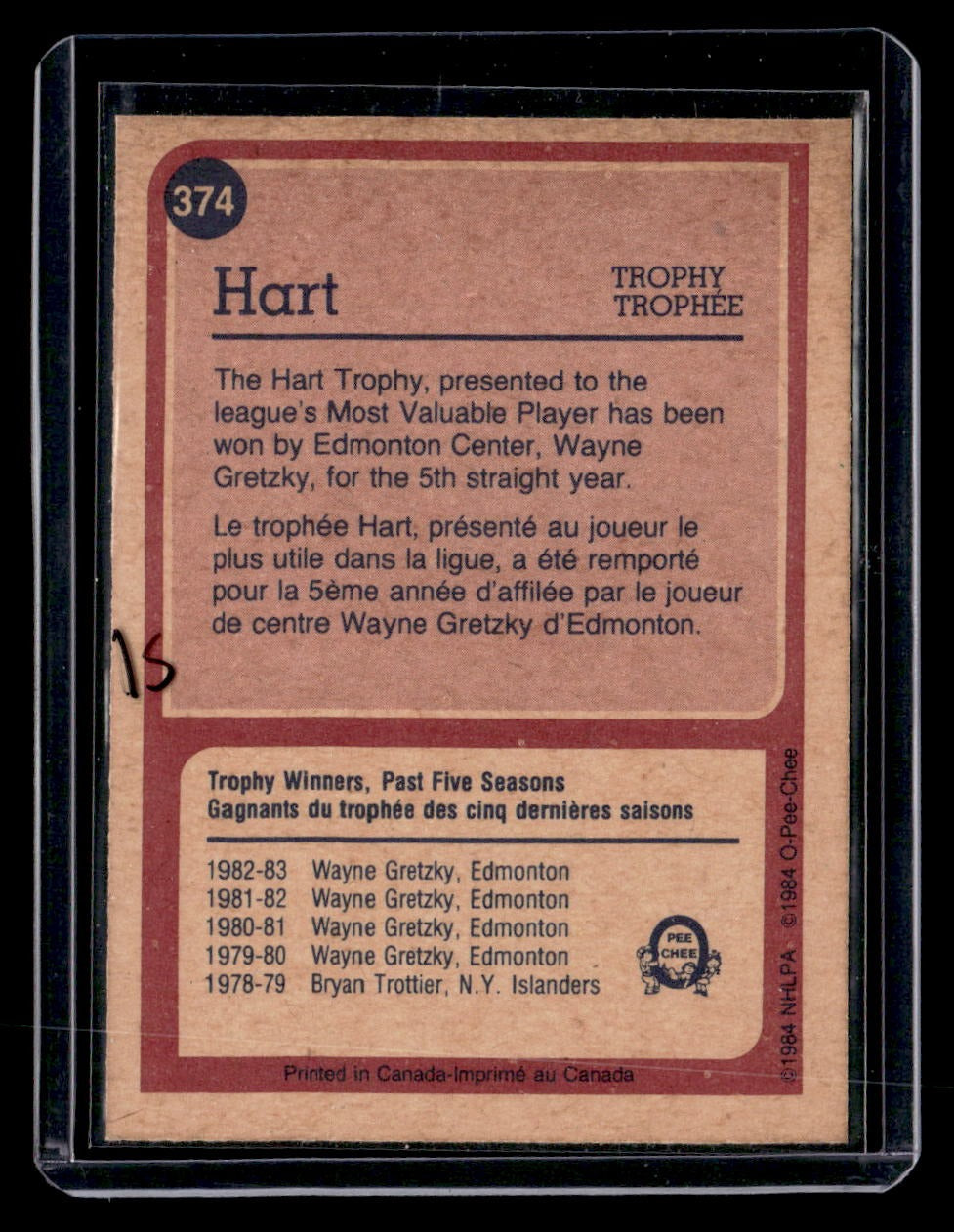 1984-85 O-Pee-Chee #374 Wayne Gretzky — back