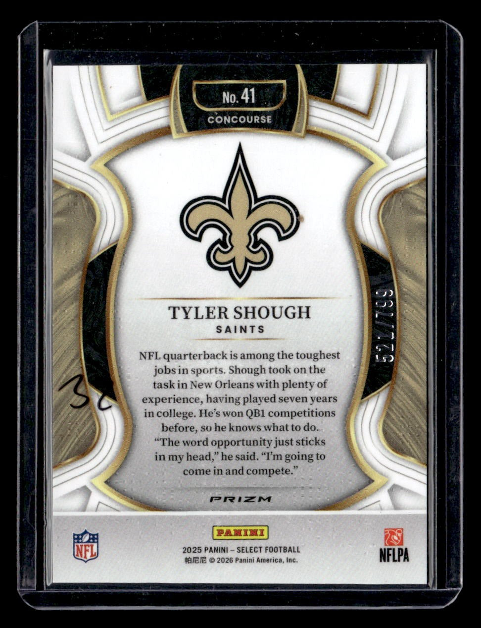 2025 Panini Select #41 Tyler Shough White Prizm Shock #/799 — back