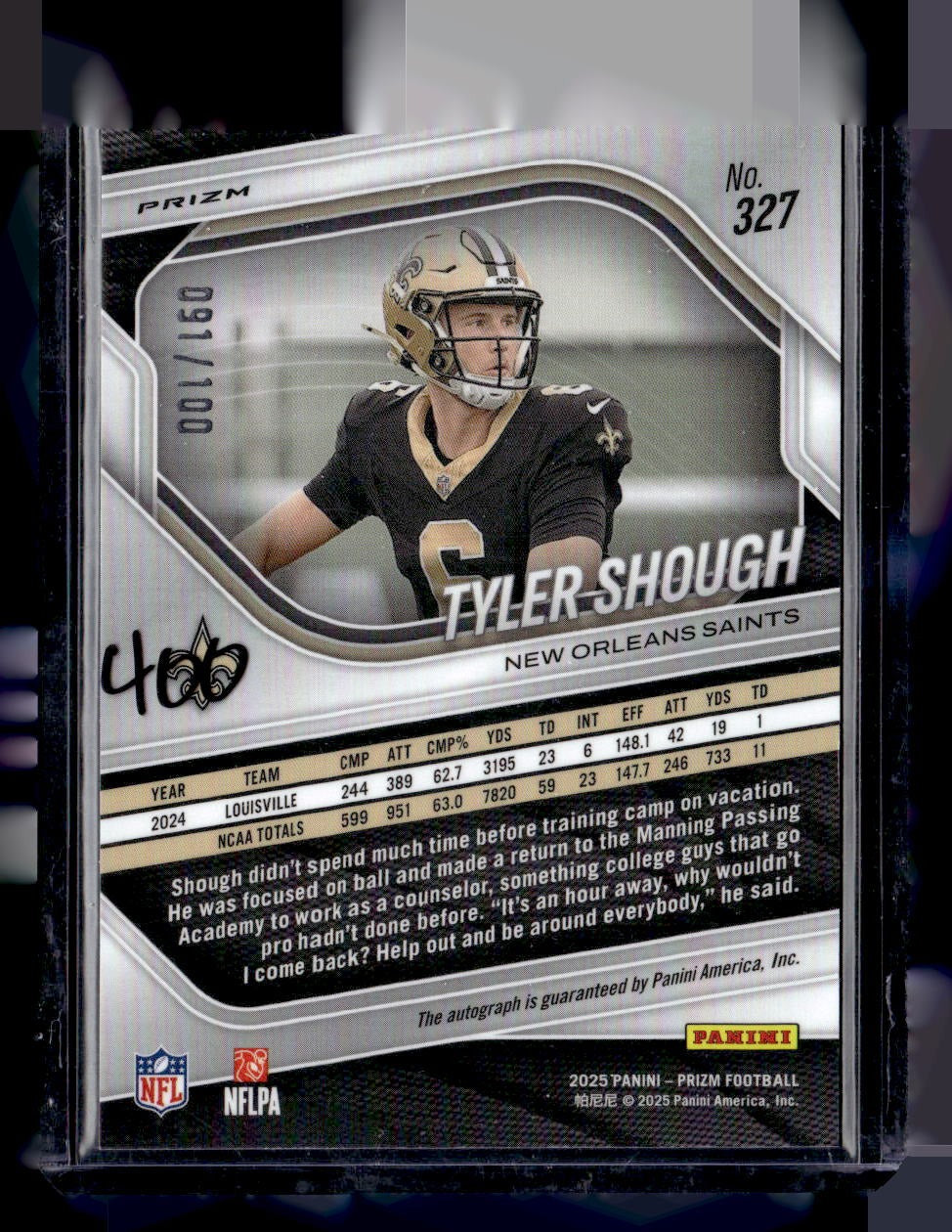 2025 Panini Prizm #327 Tyler Shough Prizm Choice Autographs #/100 — back